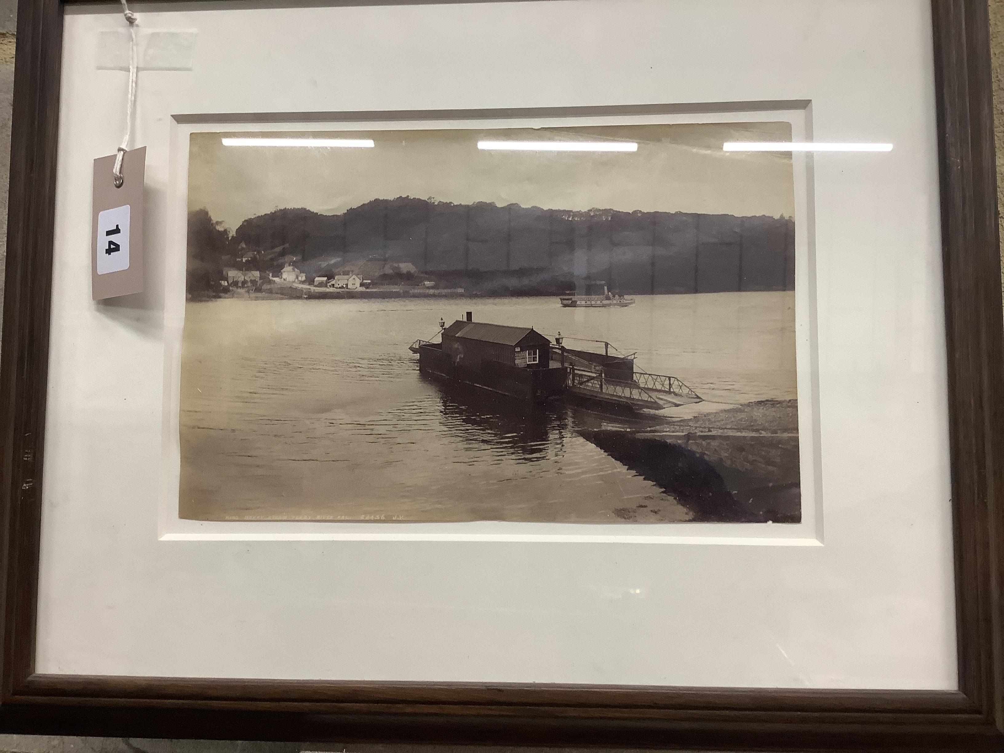 A vintage monochrome photograph “King Harry Steam Ferry, River Fal”, numbered with monogram JV, framed, 29 x 19cm. Condition - fair